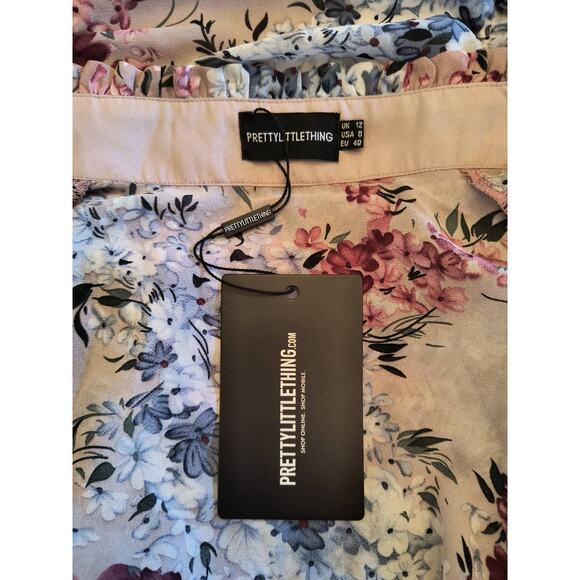 Pretty Little Thing Pink Floral Mini Dress Women's Sz 8 Long Sleeve Lined Ruched - Picture 13 of 16